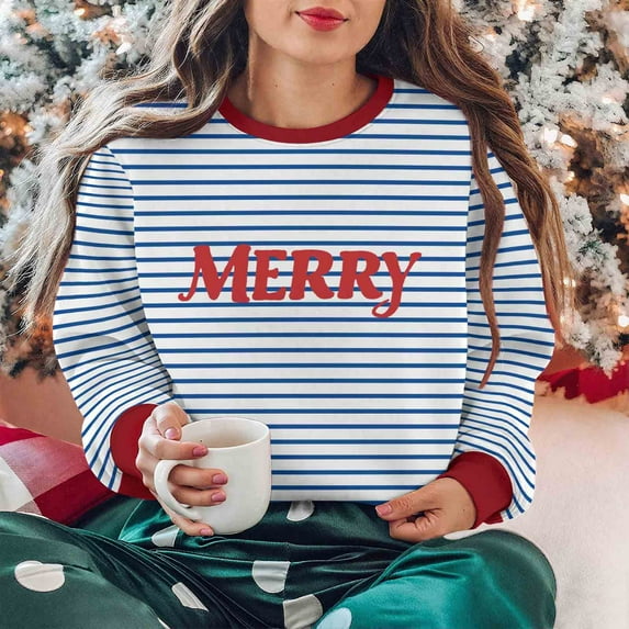 Craaazy Christmas Sweatshirts for Women Vintage Striped Printed Merry Christmas Letter Printing Round-neck Long-sleeved Tops Gifts For Women