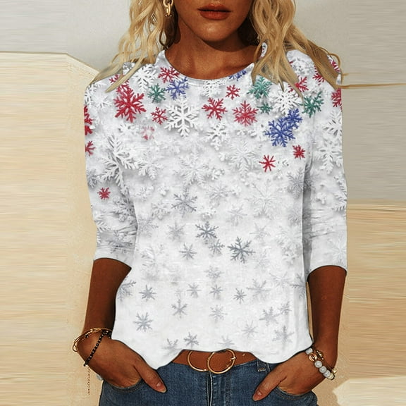 Craaazy Christmas Tops for Women Christmas Holiday Print 3/4 Sleeve Xmas Blouse Gifts