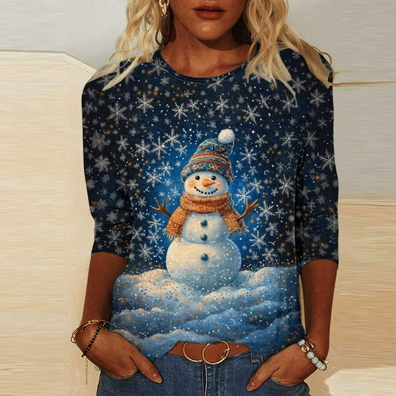 Craaazy Christmas Tops for Women Christmas Holiday Print 3/4 Sleeve Xmas Blouse Gifts