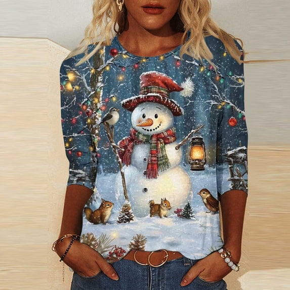 Craaazy Christmas Tops for Women Christmas Holiday Print 3/4 Sleeve Xmas Blouse Gifts