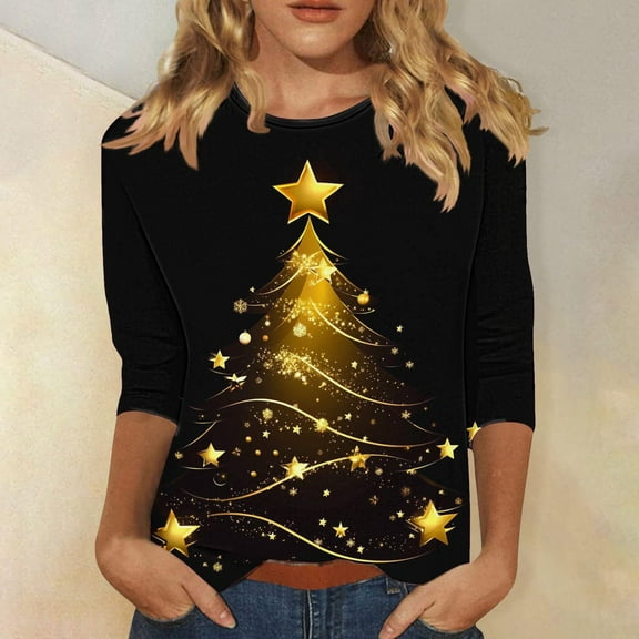 Craaazy Christmas Tops for Women Crew Neck 3/4 Sleeve Womens Shirts Christmas Print Blouse Gifts for Women
