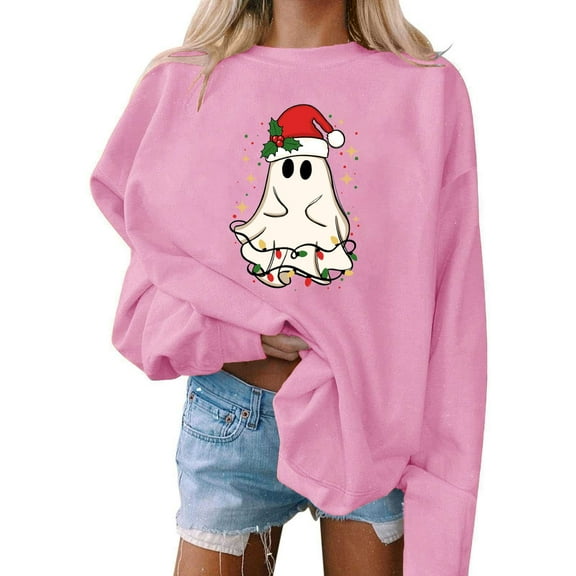 Craaazy Christmas Trees With Lights Printed Shirts For Women Long Sleeve Crew Neck Santa Xmas Printed Sweatshirts Gifts For Women