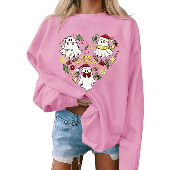 Craaazy Christmas Trees With Lights Printed Shirts For Women Long Sleeve Crew Neck Santa Xmas Printed Sweatshirts Gifts For Women