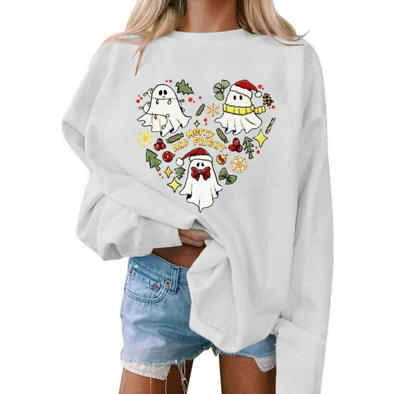 Craaazy Christmas Trees With Lights Printed Shirts For Women Long Sleeve Crew Neck Santa Xmas Printed Sweatshirts Gifts For Women