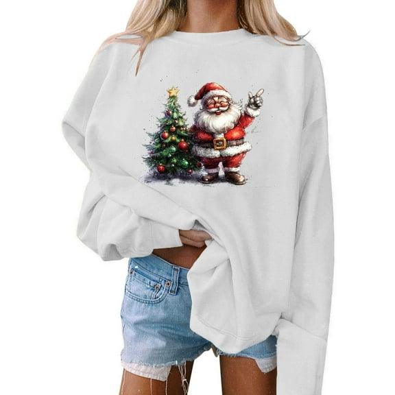 Craaazy Christmas Trees With Lights Printed Shirts For Women Long Sleeve Crew Neck Santa Xmas Printed Sweatshirts Gifts For Women
