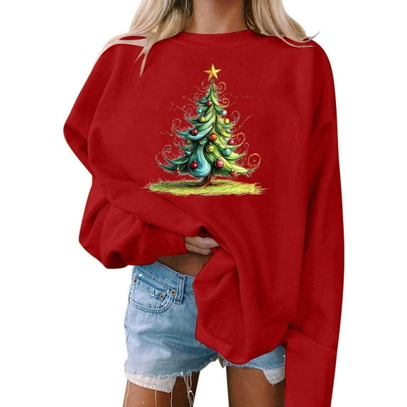 Craaazy Christmas Trees With Lights Printed Shirts For Women Long Sleeve Crew Neck Sweatshirts Gifts For Women