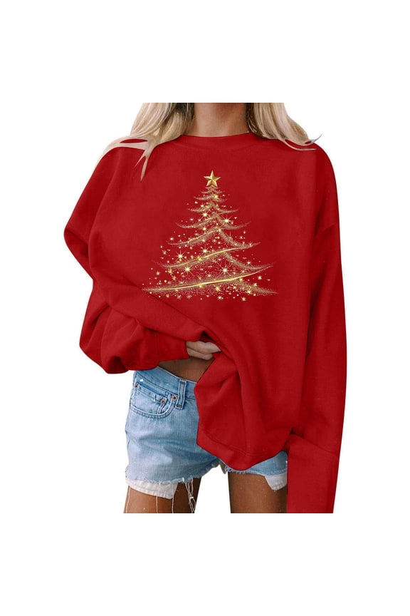 Christmas Trees With Lights Printed Shirts For Women Long Sleeve Crew Neck Sweatshirts Gifts For Women