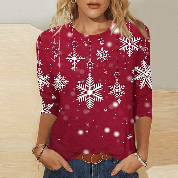 Craaazy Christmas Women 3/4 Sleeve Tops Basic Crew Neck Christmas Snowflake Tree Print Loose Casual Blouses Soft Holiday Daily Wear