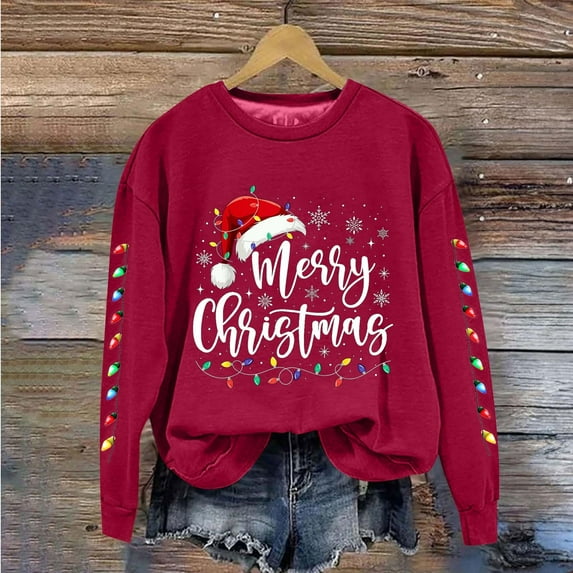 Craaazy Christmas Women's Fashion Long Sleeve Round Neck T-Shirt Christmas Printing Loose Blouse Hoodless Sweatshirts Top Gifts