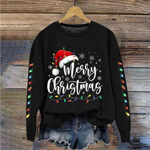 Craaazy Christmas Women's Fashion Long Sleeve Round Neck T-Shirt Christmas Printing Loose Blouse Hoodless Sweatshirts Top Gifts
