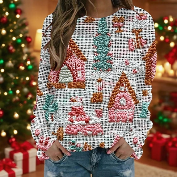 Craaazy Christmas Women's Fashion Printed Loose Long Sleeve Blouse Round Neck Hoodless Sweatshirts Gifts