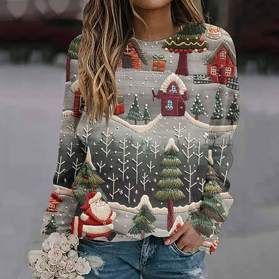 Craaazy Christmas Womens Shirts Casual Round Neck Long Sleeved Xmas Blouse Christmas Fashion 3D Printing Womens Tops Gifts for Women
