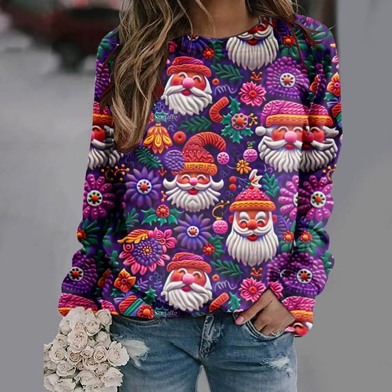 Craaazy Christmas Womens Shirts Casual Xmas Santa Printing Blouse Round Neck Long Sleeved Christmas Fashion Womens Tops Gifts for Women