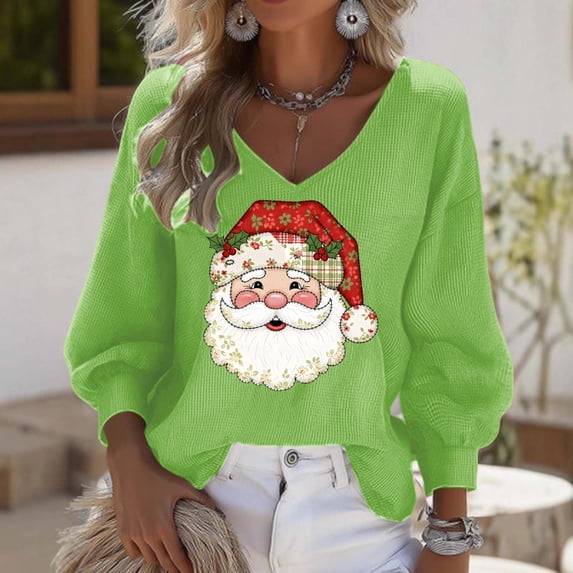 Craaazy Christmas Womens Shirts Christmas Printed Long Sleeve V Neck Fashion Clothing Xmas Womens Tops Gifts