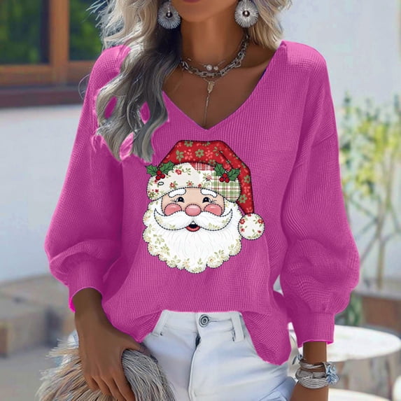 Craaazy Christmas Womens Shirts Christmas Printed Long Sleeve V Neck Fashion Clothing Xmas Womens Tops Gifts