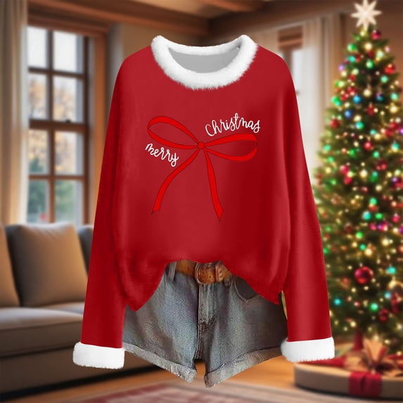 Craaazy Christmas Womens Shirts Fleece Crew Neck Long Sleeve Womens Tops Christmas Prints Loose Pullover Gifts for Women