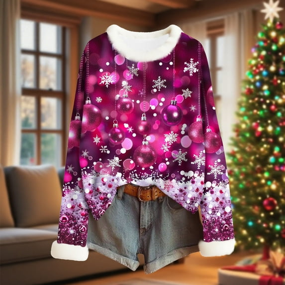 Craaazy Christmas Womens Shirts Fleece Crew Neck Long Sleeve Womens Tops Colorful Christmas Prints Xmas Pullover Gifts for Women