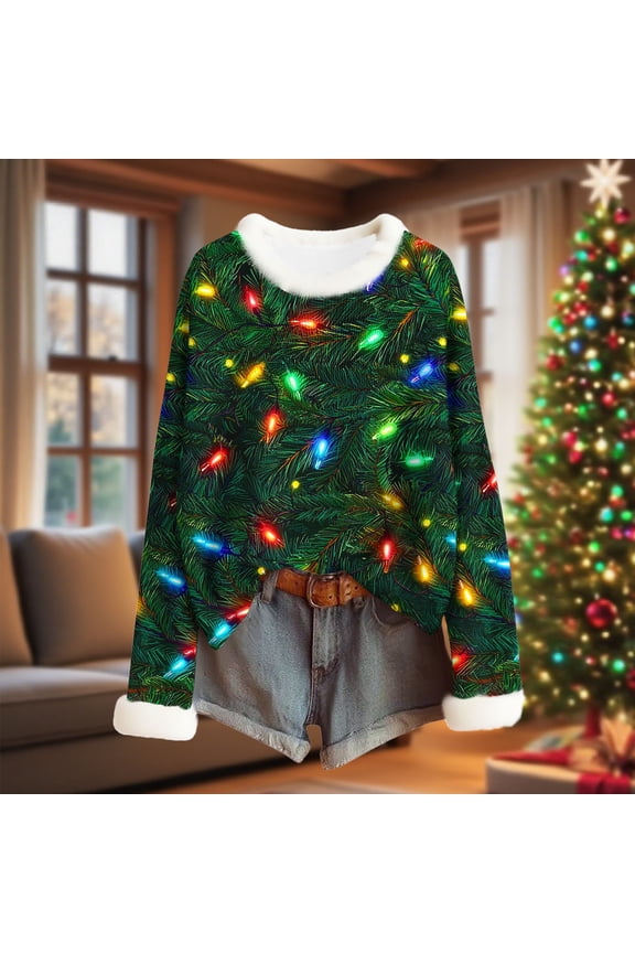 Christmas Womens Shirts Fleece Crew Neck Long Sleeve Womens Tops Colorful Christmas Prints Xmas Pullover Gifts for Women