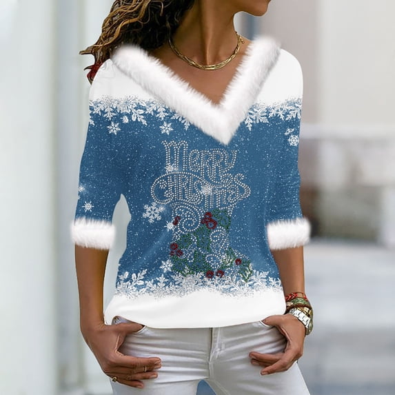 Craaazy Christmas Womens Shirts Fluffy Fuzzy V Neck Xmas Long Sleeve Womens Tops Snowflake Graphic Blouse Gifts for Women