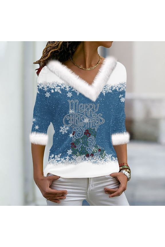 Christmas Womens Shirts Fluffy Fuzzy V Neck Xmas Long Sleeve Womens Tops Snowflake Graphic Blouse Gifts for Women