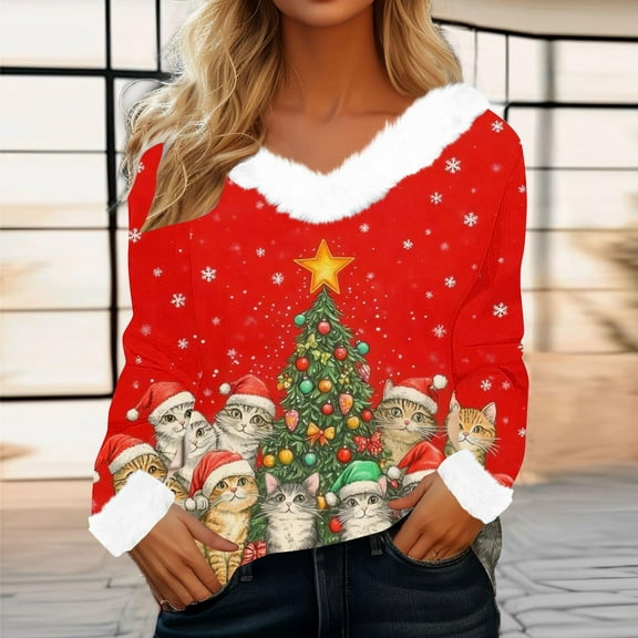 Craaazy Christmas Womens Shirts Funny Xmas Printed Furry V Neck Sweatshirt for Women Long Sleeve Womens Tops Gifts for Women