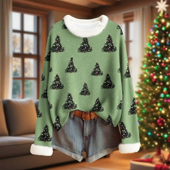 Craaazy Christmas Womens Shirts Santa Printed Furry Crew Neck Christmas Printed Sweaters Gifts For Women