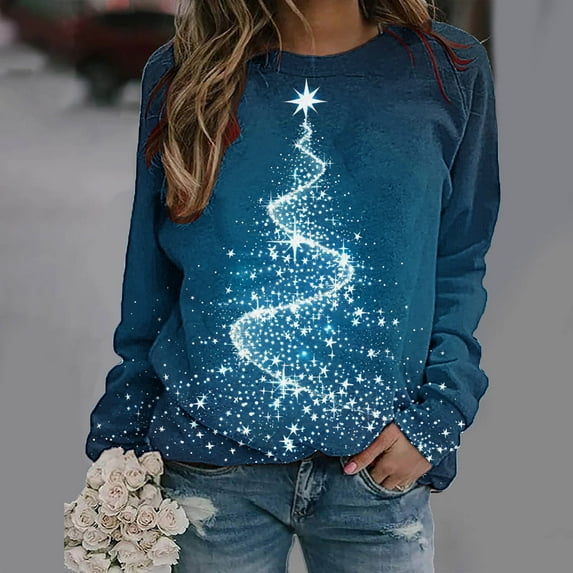 Craaazy Christmas Womens Shirts Santa Printed Long Sleeved Round Neck Christmas Printed Womens Top Gifts for Women