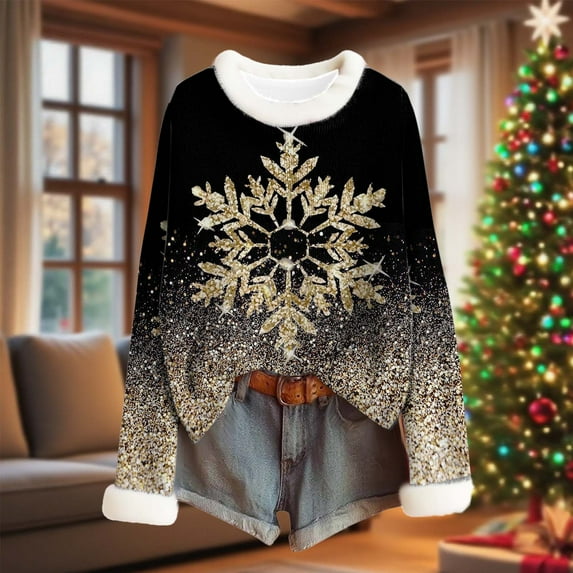 Craaazy Christmas Woven Stripe Sweaters for Women Santa Printed Furry Crew Neck Christmas Printed Sweaters Gifts For Women