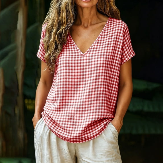 Craaazy Cozy Short Sleeve Tops for Women Loose Fit Gingham Plaid V Neck Casual Spring Summer Everyday Wear T Shirts