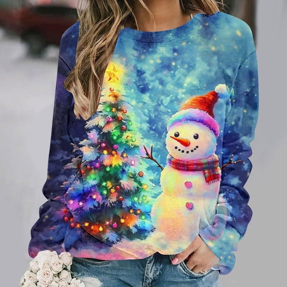 Craaazy Cozy Sweatshirt for Women Christmas Printed Loose Round Neck Long Sleeve Casual Tops Gifts
