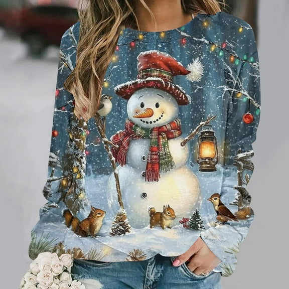 Craaazy Cozy Sweatshirt for Women Christmas Printed Loose Round Neck Long Sleeve Casual Tops Gifts