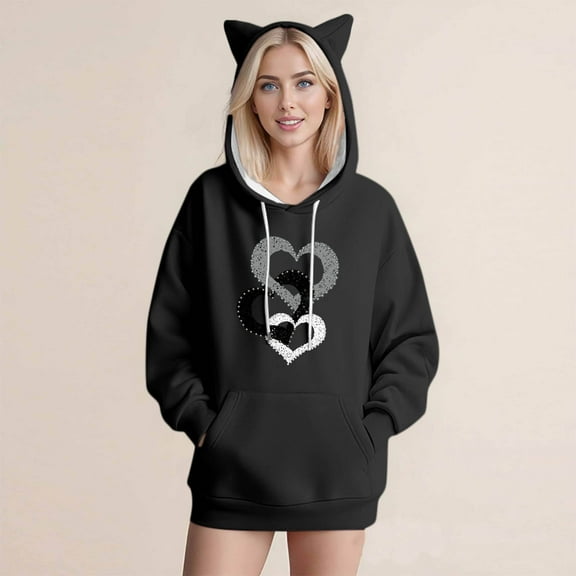 Craaazy Cute Cat Ears Hooded Pullover For Womens Casual Print Long Sleeve Hooded Drawstring Gifts Loose Sweater With Pocket