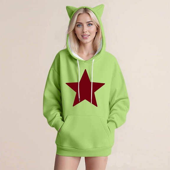 Craaazy Cute Cat Ears Hooded Pullover For Womens Casual Print Long Sleeve Hooded Drawstring Gifts Loose Sweater With Pocket