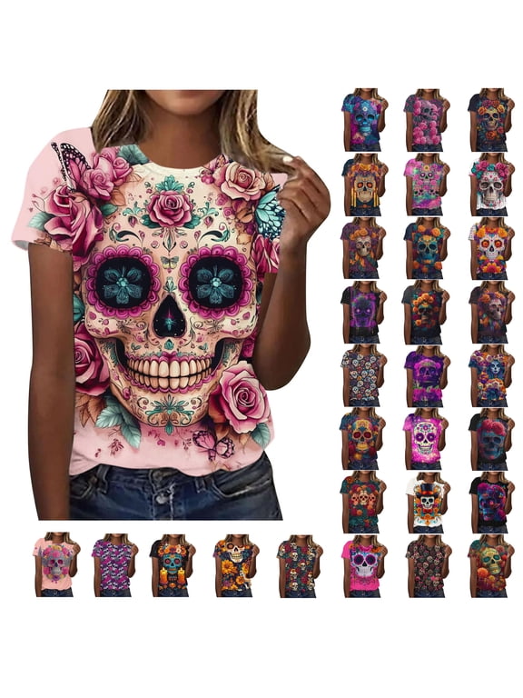 Day Of The Dead Graphic T‑Shirts for Women, Halloween Print Crew Neck Short Sleeve Tops, Loose Fit Casual Tees for Festival Party Spring Fall Daily Wear