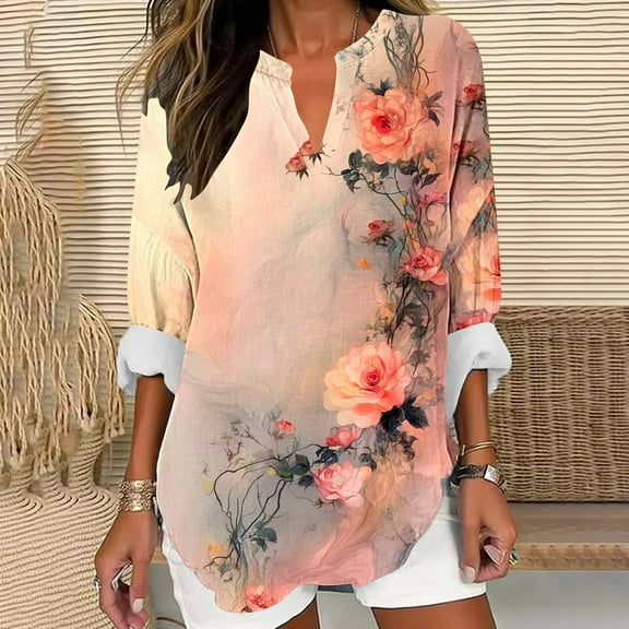 Craaazy Dress Shirts for Women V Neck Long Sleeve Fashion Floral Printed Business Casual Long Sleeve Loose Blouses Gifts