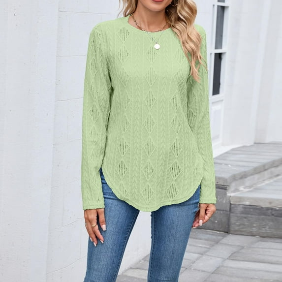 Craaazy Dresses For Women Crew Neck Tunic Long Sleeve Tops Solid Color Hollow Out Curved Hem Pullover Shirts Gifts For Women