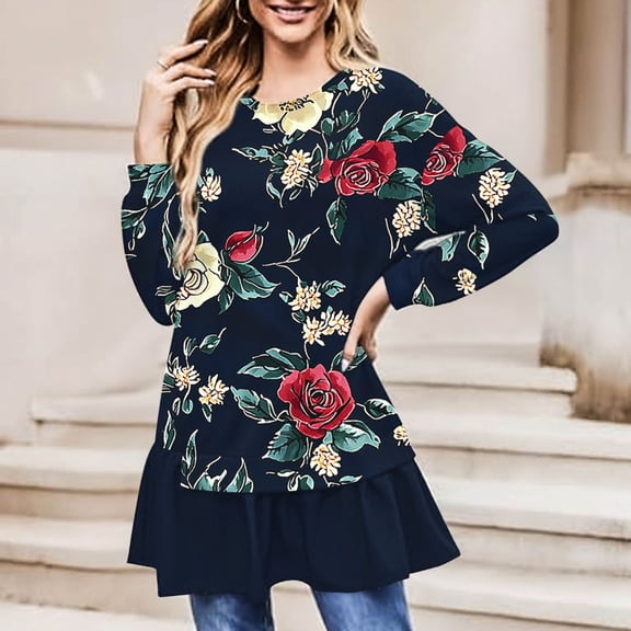 Craaazy Dresses For Women Loose Casual Round Neck Pleated Long Sleeve T-shirt Dress Hem Top With Fashion Printed Gifts For Women