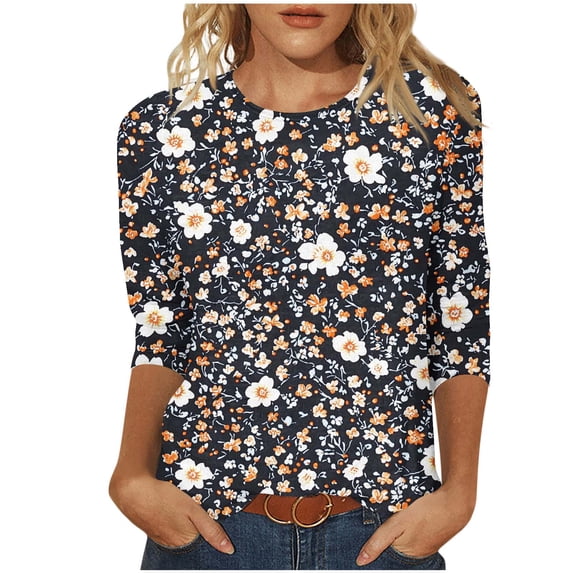 Craaazy Dressy Tops for Women Vintage Floral Print 3/4 Length Sleeve Crewneck Spring Clothes Gifts