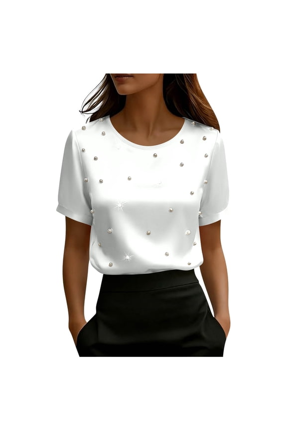 Elegant Women's Regular Fit Solid Color Satin Crew Neck Short Sleeve Blouse with Pearl & Rhinestone Detail Lightweight Professional Office Wear Top Gifts