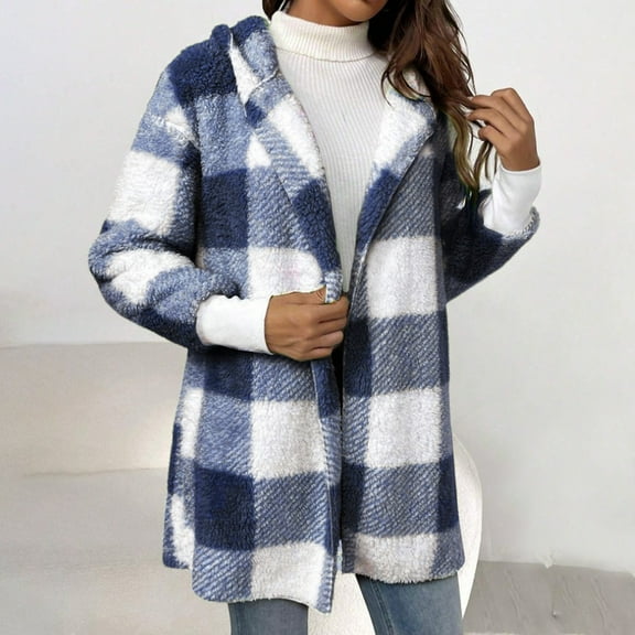Craaazy Fall Coats for Women Plaid Hooded Jacket Long Sleeve Open-Front Coat Plush Fuzzy Warm Jacket Gifts for Women