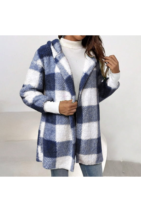 Fall Coats for Women Plaid Hooded Jacket Long Sleeve Open-Front Coat Plush Fuzzy Warm Jacket Gifts for Women