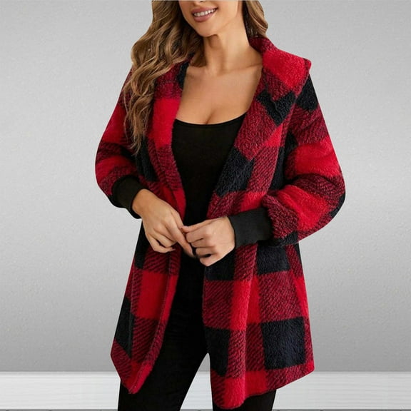 Craaazy Fall Coats for Women Plaid Long Sleeve Open-Front Coat Plush Fuzzy Warm Jacket Gifts for Women