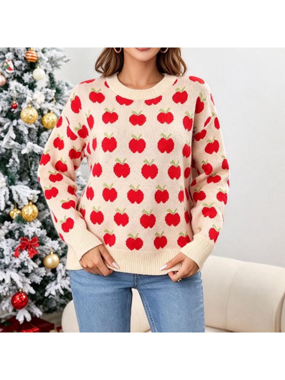 Fall Sweaters for Women Crewneck Long Sleeve Tops Loose Fit Apple Print Knit Pullover Casual Tops for Holiday Daily Gathering Wear