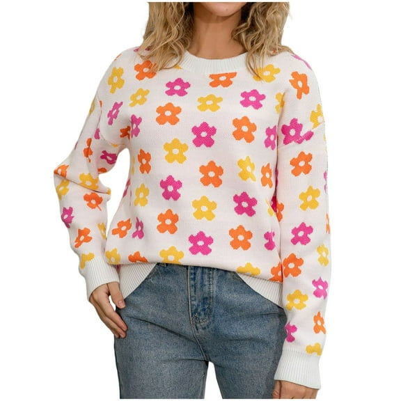 Craaazy Fall Sweaters for Women Round Neck Flower Design Knitted Long Sleeved Warm Tops Gifts