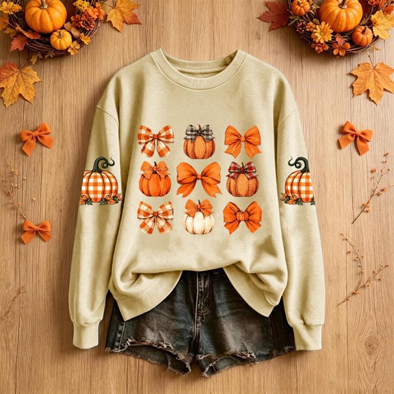 Craaazy Fall Thanksgiving Sweatshirts for Women Crewneck Long Sleeve Tops Pullover Loose Fit Pumpkin Bow Combo Print Casual Holiday Wear