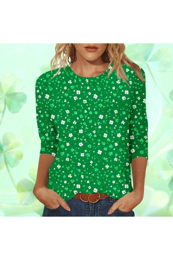 Fashion Women's Casual Shamrock Printed Round Neck 3/4 Sleeve Cozy T-shirt Gifts