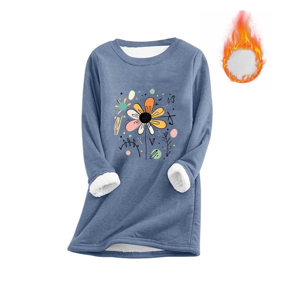 Craaazy Fleece Lined Sweatshirt for Women Crew Neck Long Sleeve Lamb Wool Warm Top Floral Printed Shirts Gifts