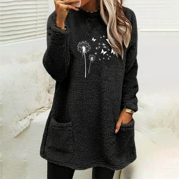 Craaazy Fleece Sweaters for Women Long Sleeve Crewneck Casual Blouses Soft Comfortable Warm Sweatshirt with Two Pockets Gifts