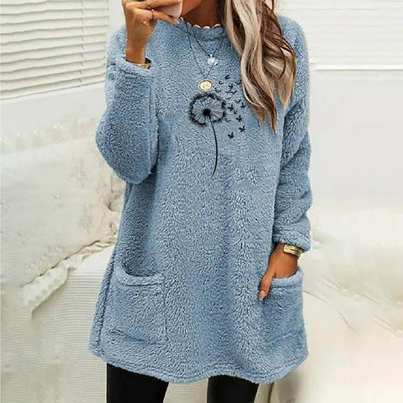 Craaazy Fleece Sweaters for Women Long Sleeve Crewneck Casual Blouses Soft Comfortable Warm Sweatshirt with Two Pockets Gifts