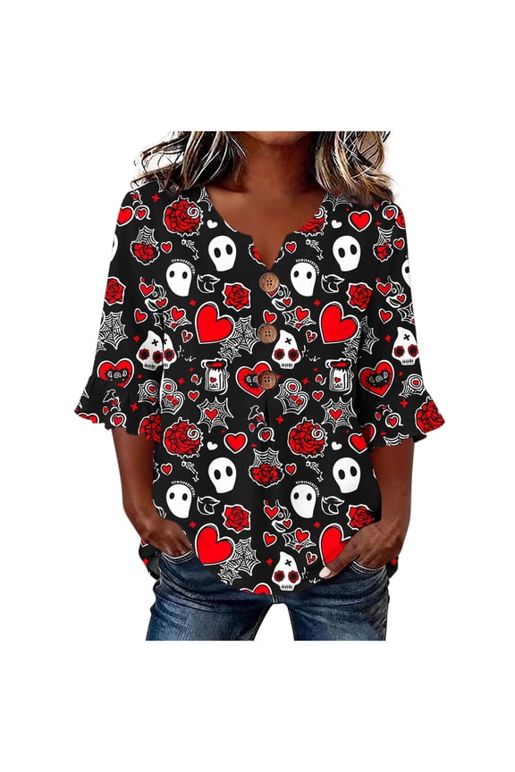 Halloween 3/4 Sleeve Tops Women Loose Fit All Over Print V Neck Casual Blouse Flare Ruffle Sleeve Ghost Skull Rose Heart Pattern Button Front Daily Tops for Fall Festival Party